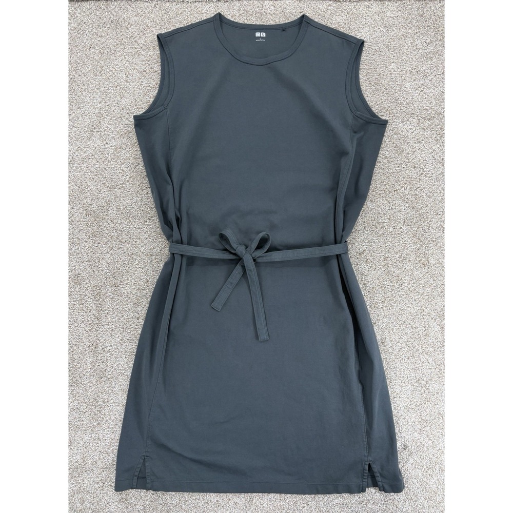 Uniqlo Midi Tank Dress Womens L Monochrome Gray 100% Cotton Coastal Minimalist